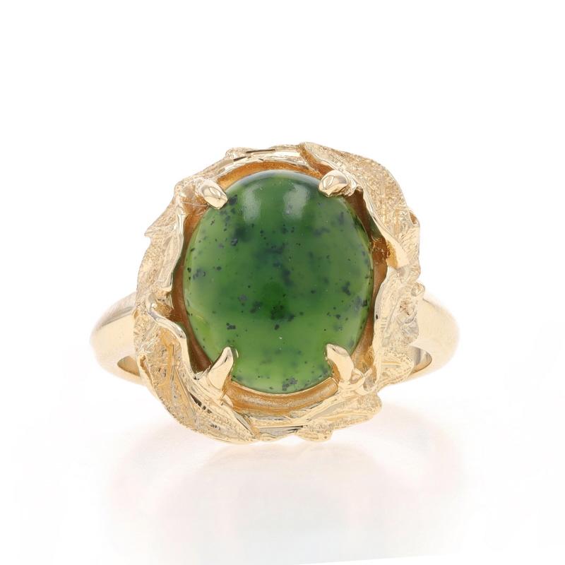 Size: 5 1/2
Sizing Fee: Up 3 sizes for $35 or Down 1 size for $35

Metal Content: 14k Yellow Gold

Stone Information

Natural Nephrite Jade
Treatment: Routinely Enhanced
Cut: Oval Cabochon
Color: Green

Style: Cocktail Solitaire
Features: Textured