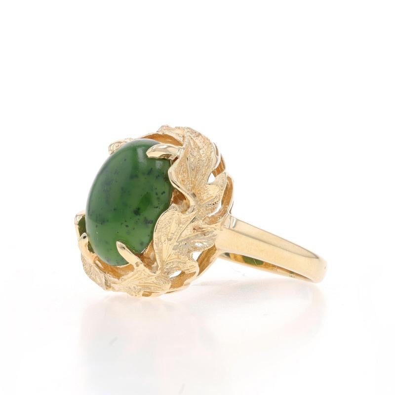 Yellow Gold Nephrite Jade Cocktail Solitaire Ring -14k Oval Cabochon Leaf Border In Excellent Condition For Sale In Greensboro, NC