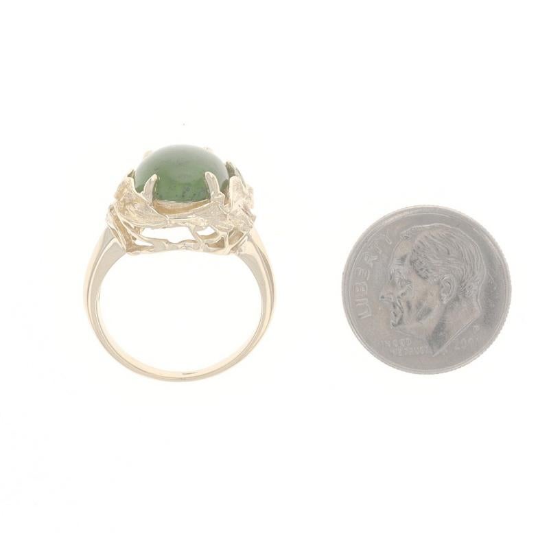 Yellow Gold Nephrite Jade Cocktail Solitaire Ring -14k Oval Cabochon Leaf Border For Sale 1