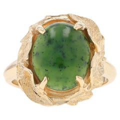 Yellow Gold Nephrite Jade Cocktail Solitaire Ring -14k Oval Cabochon Leaf Border
