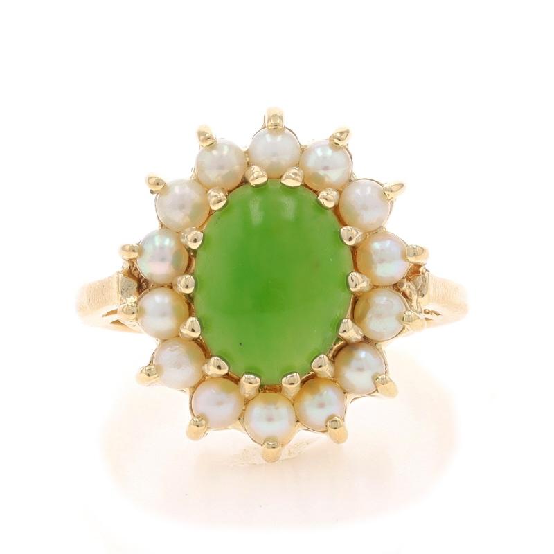 Size: 5 1/4
Sizing Fee: Up 2 sizes for $40 or Down 1/2 a size for $30

Metal Content: 14k Yellow Gold

Stone Information

Natural Nephrite Jade
Treatment: Routinely Enhanced
Cut: Oval Cabochon
Color: Green

Cultured Pearls

Style: Solitaire with