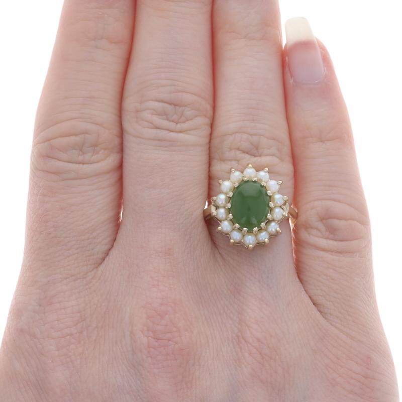 Oval Cut Yellow Gold Nephrite Jade & Cultured Pearl Halo Ring - 14k Oval Cabochon For Sale