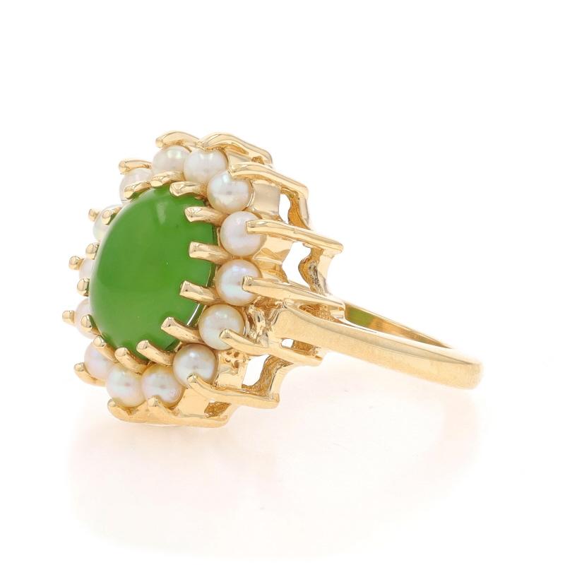 Yellow Gold Nephrite Jade & Cultured Pearl Halo Ring - 14k Oval Cabochon In Excellent Condition For Sale In Greensboro, NC
