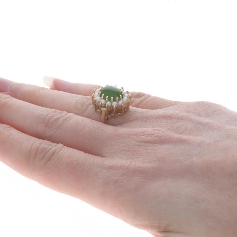 Women's Yellow Gold Nephrite Jade & Cultured Pearl Halo Ring - 14k Oval Cabochon For Sale