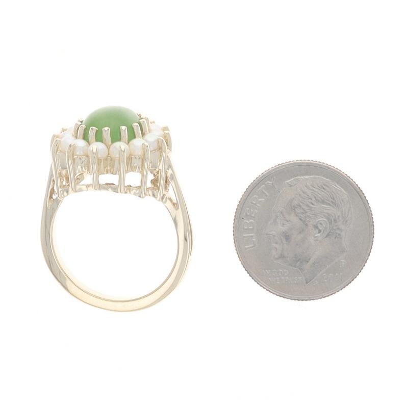 Yellow Gold Nephrite Jade & Cultured Pearl Halo Ring - 14k Oval Cabochon For Sale 1