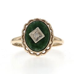 Yellow Gold Nephrite Jade Diamond Ring - 10k Oval Cabochon