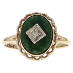 Yellow Gold Nephrite Jade Diamond Ring - 10k Oval Cabochon