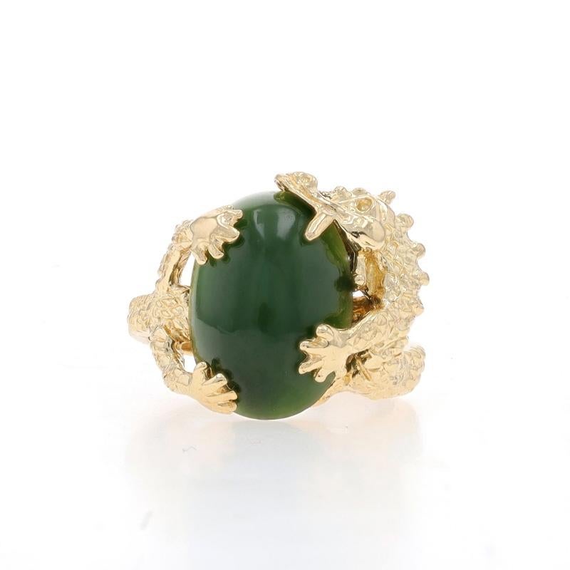 Size: 10 1/4
Sizing Fee: Up 2 sizes for $50 or Down 2 sizes for $40

Metal Content: 14k Yellow Gold

Stone Information

Natural Nephrite Jade
Treatment: Routinely Enhanced
Carat(s): 11.80ct
Cut: Oval Cabochon
Color: Green

Total Carats: