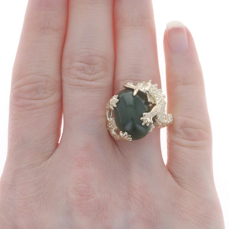 Oval Cut Yellow Gold Nephrite Jade Dragon Cocktail Solitaire Ring - 14k Cabochon 11.80ct For Sale