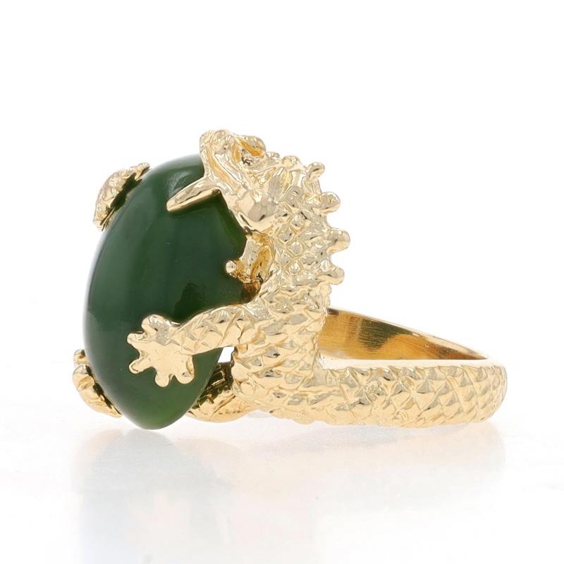 Yellow Gold Nephrite Jade Dragon Cocktail Solitaire Ring - 14k Cabochon 11.80ct In Excellent Condition For Sale In Greensboro, NC