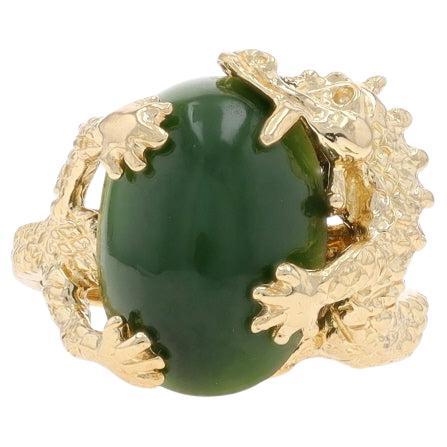 Bague cocktail solitaire dragon en or jaune et jade néphrite - cabochon 14 carats 11,80 carats