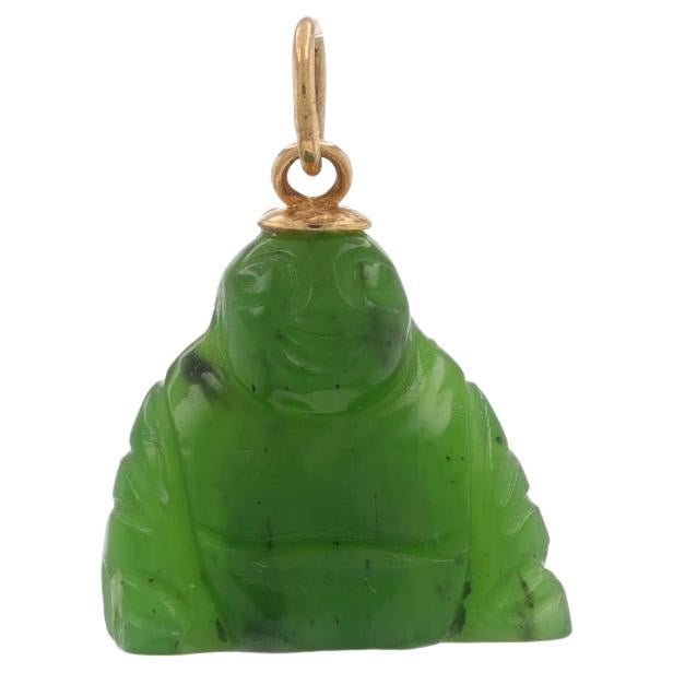 Yellow Gold Nephrite Jade Joyful Buddha Pendant - 14k Carved