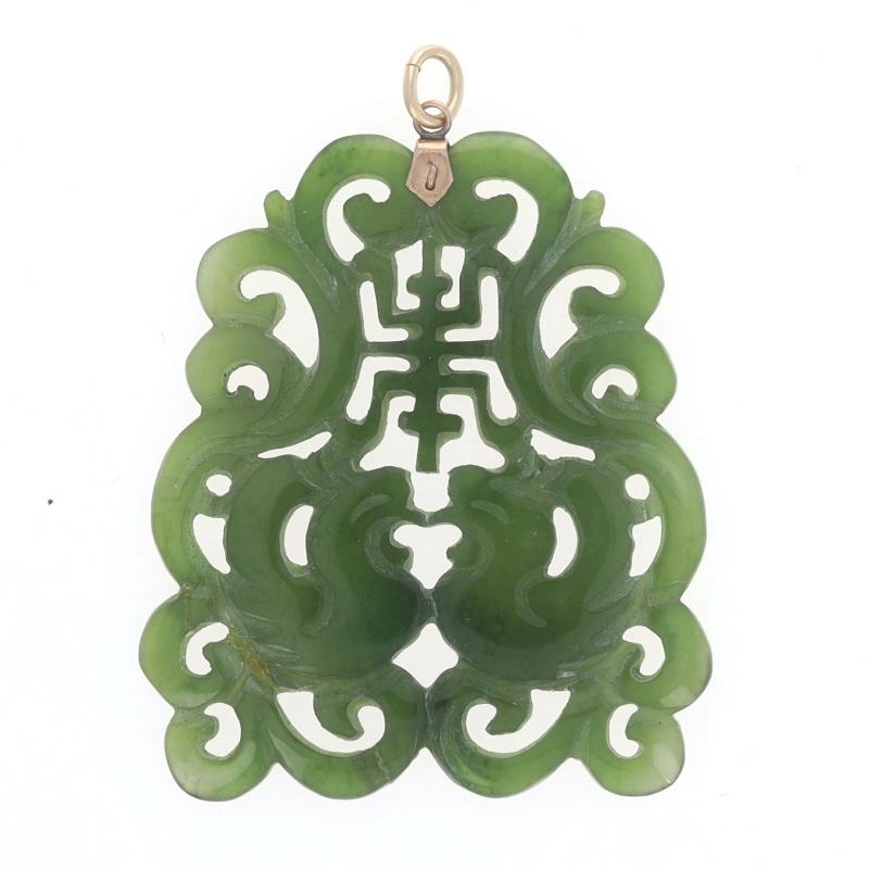 Metal Content: 10k Yellow Gold

Stone Information

Natural Nephrite Jade
Treatment: Routinely Enhanced
Cut: Carved
Color: Green

Theme: Longevity, Birds

Measurements

Tall (from stationary bail): 2 5/32