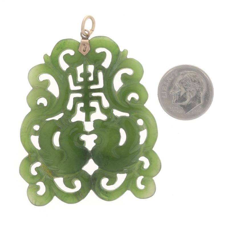 Yellow Gold Nephrite Jade Longevity Pendant - 10k Carved Birds Chinese Character In Excellent Condition In Greensboro, NC