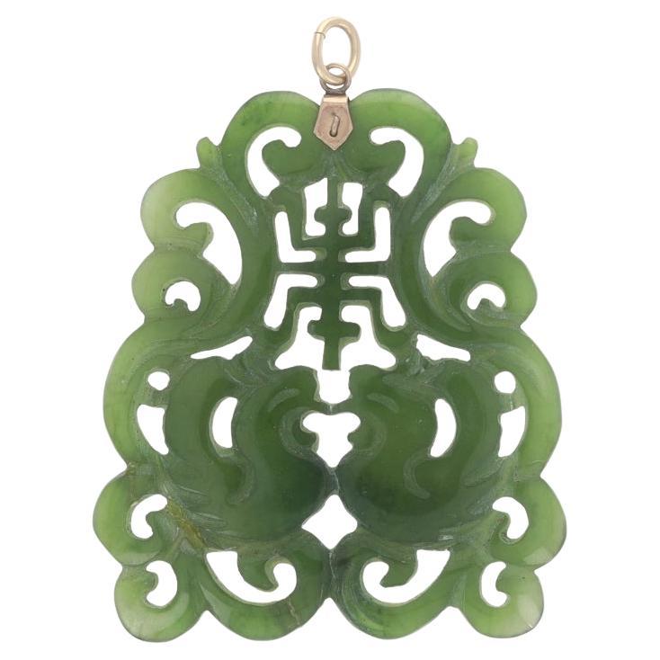 Pendentif longévité en or jaune et jade néphrite, oiseaux sculptés en 10 carats, caractère chinois