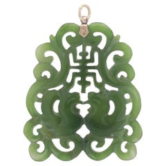 Pendentif longévité en or jaune et jade néphrite, oiseaux sculptés en 10 carats, caractère chinois