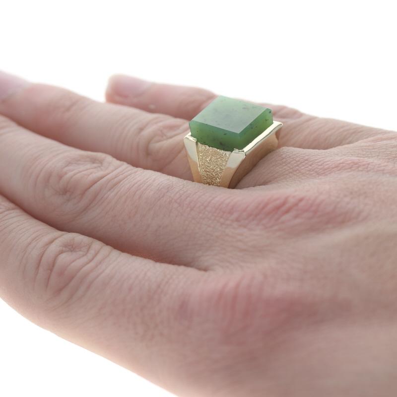 Yellow Gold Nephrite Jade Men's Ring - 14k Rectangular Slab Solitaire In Excellent Condition In Greensboro, NC