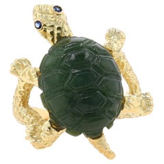 Yellow Gold Nephrite Jade & Sapphire Turtle Ring - 18k Carved Reptile