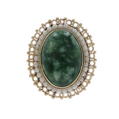 Yellow Gold Nephrite Jade Seed Pearl Vintage Halo Brooch - 14k Oval Cabochon Pin