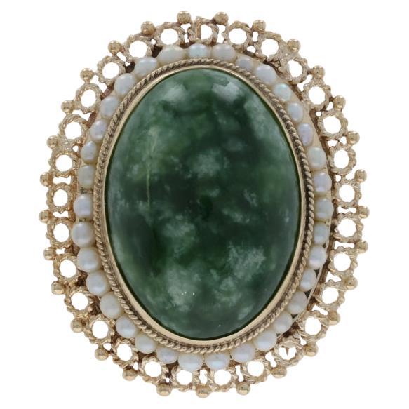Spilla a raggiera vintage in oro giallo con perle di giada e nefrite - spilla ovale con cabochon 14k
