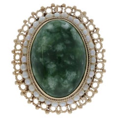 Gelbgold Nephrit Jade Seed Pearl Vintage Halo Brosche - 14k Oval Cabochon Pin