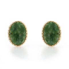 Yellow Gold Nephrite Jade Stud Earrings - 14k Oval Cabochon Non-Pierced