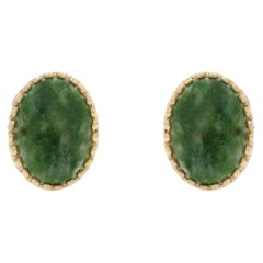 Yellow Gold Nephrite Jade Stud Earrings - 14k Oval Cabochon Non-Pierced