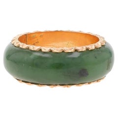 Anneau d'éternité vintage en or jaune et jade néphrite - Bague festonnée 14 carats, taille 4 1/4