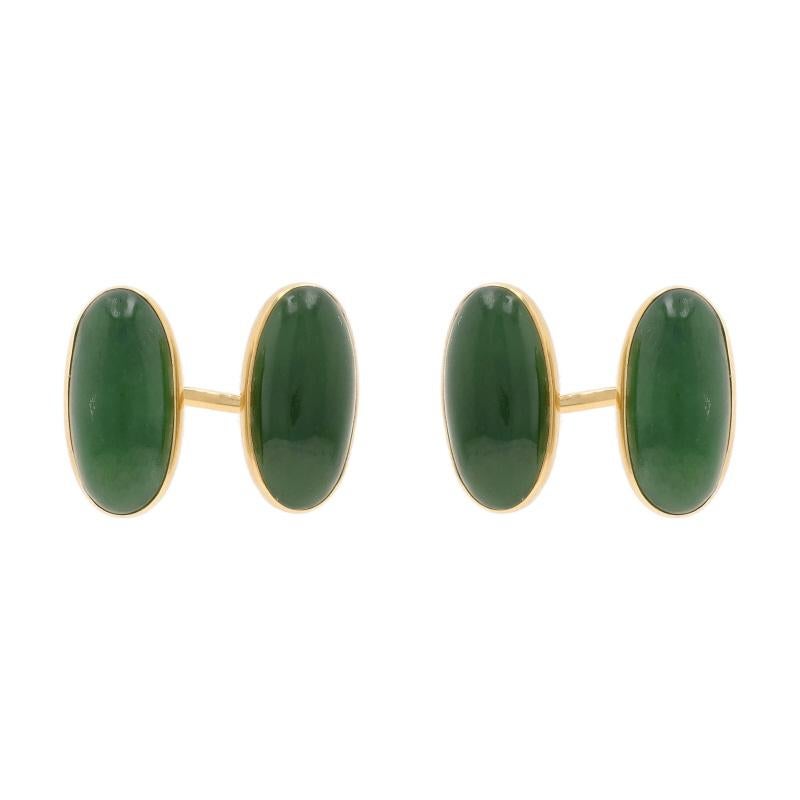 Yellow Gold Nephrite Jade Vintage Men's Cufflinks - 14k Oval Cabochon
