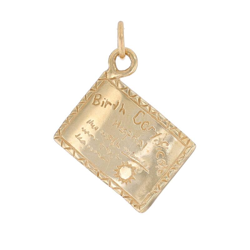 Metal Content: 14k Yellow Gold

Theme: Birth Certificate, New Baby
Features: Etched Detailing

Measurements
Tall (from stationary bail): 27/32