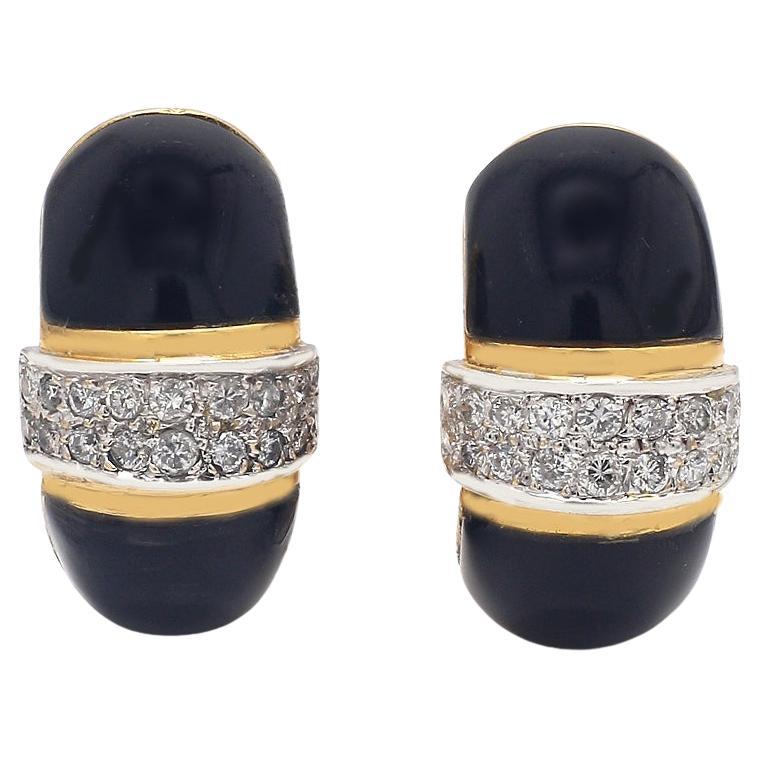 Yellow Gold Non-Pierced Earrings with Round Brilliant Diamonds & Onyx