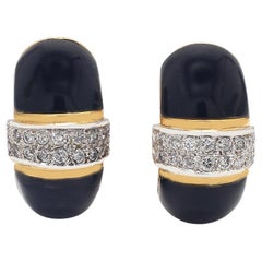 Yellow Gold Non-Pierced Earrings with Round Brilliant Diamonds & Onyx