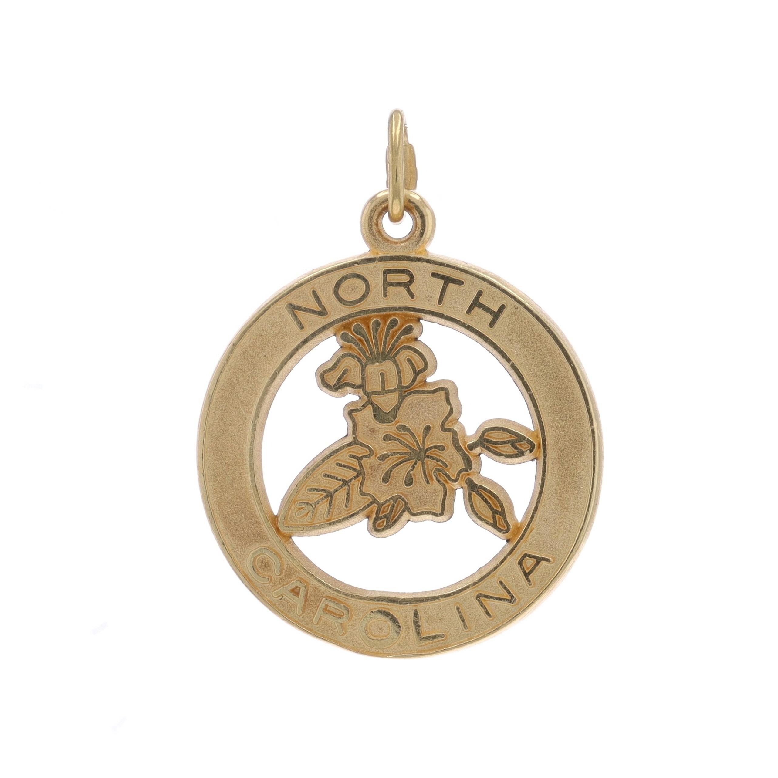 Metal Content: 14k Yellow Gold

Theme: North Carolina, NC Dogwood Flowers
Features: Open Cut Design with Smooth & Stardust-Textured Detailing

Measurements

Tall (from stationary bail): 7/8