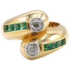 Yellow Gold Old European Cut Diamond and French Cut Emerald Bypass Ring