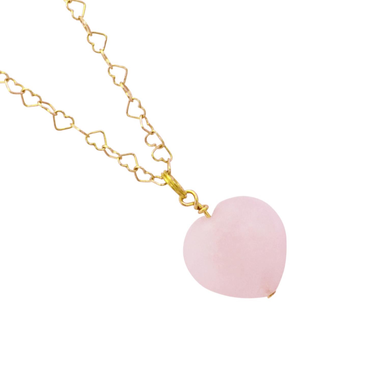 Heart Cut Yellow Gold on Sterling Silver Necklace Rose Quartz Necklace For Sale