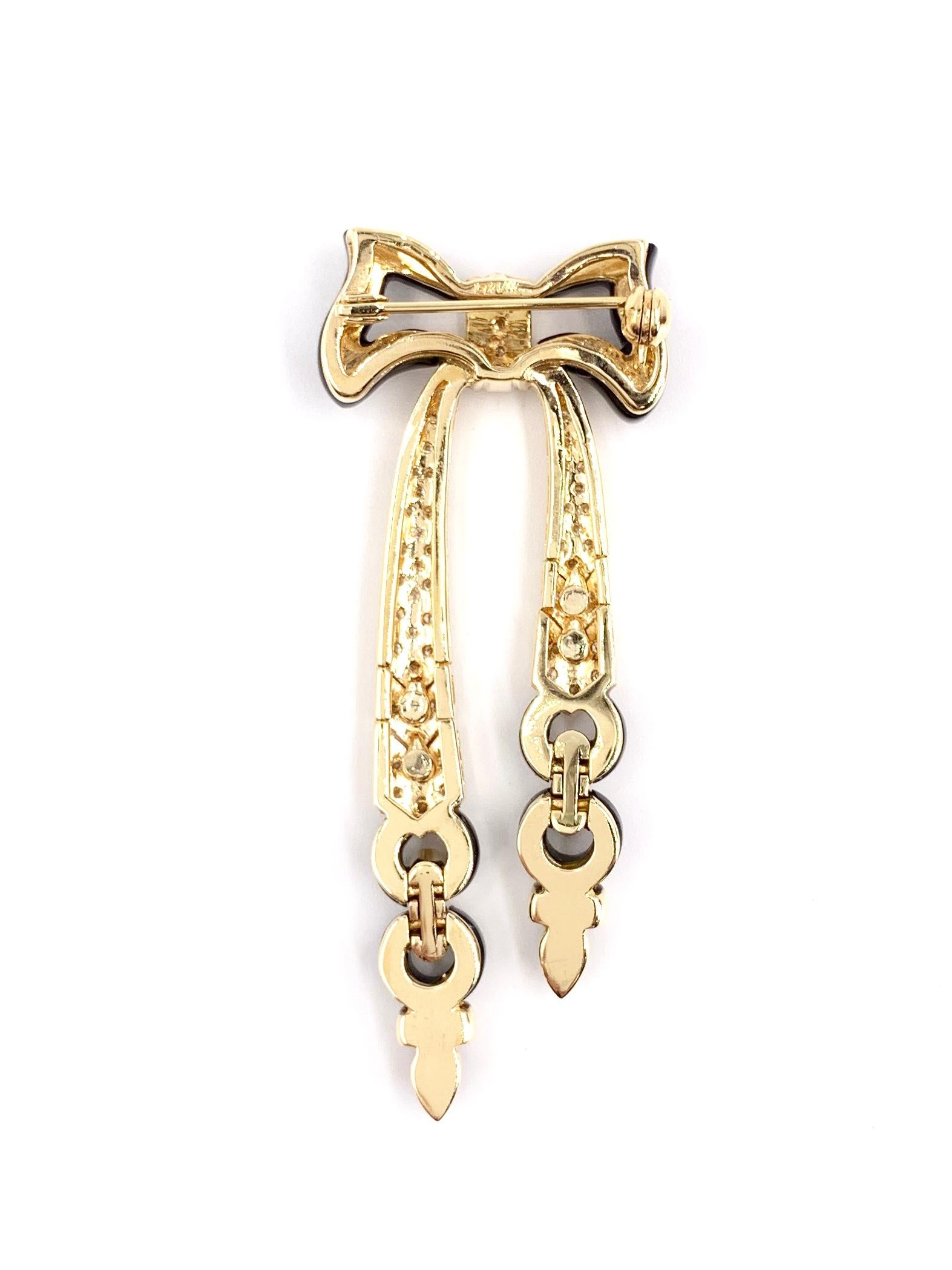 Round Cut Yellow Gold Onyx and Diamond Bow Brooch For Sale