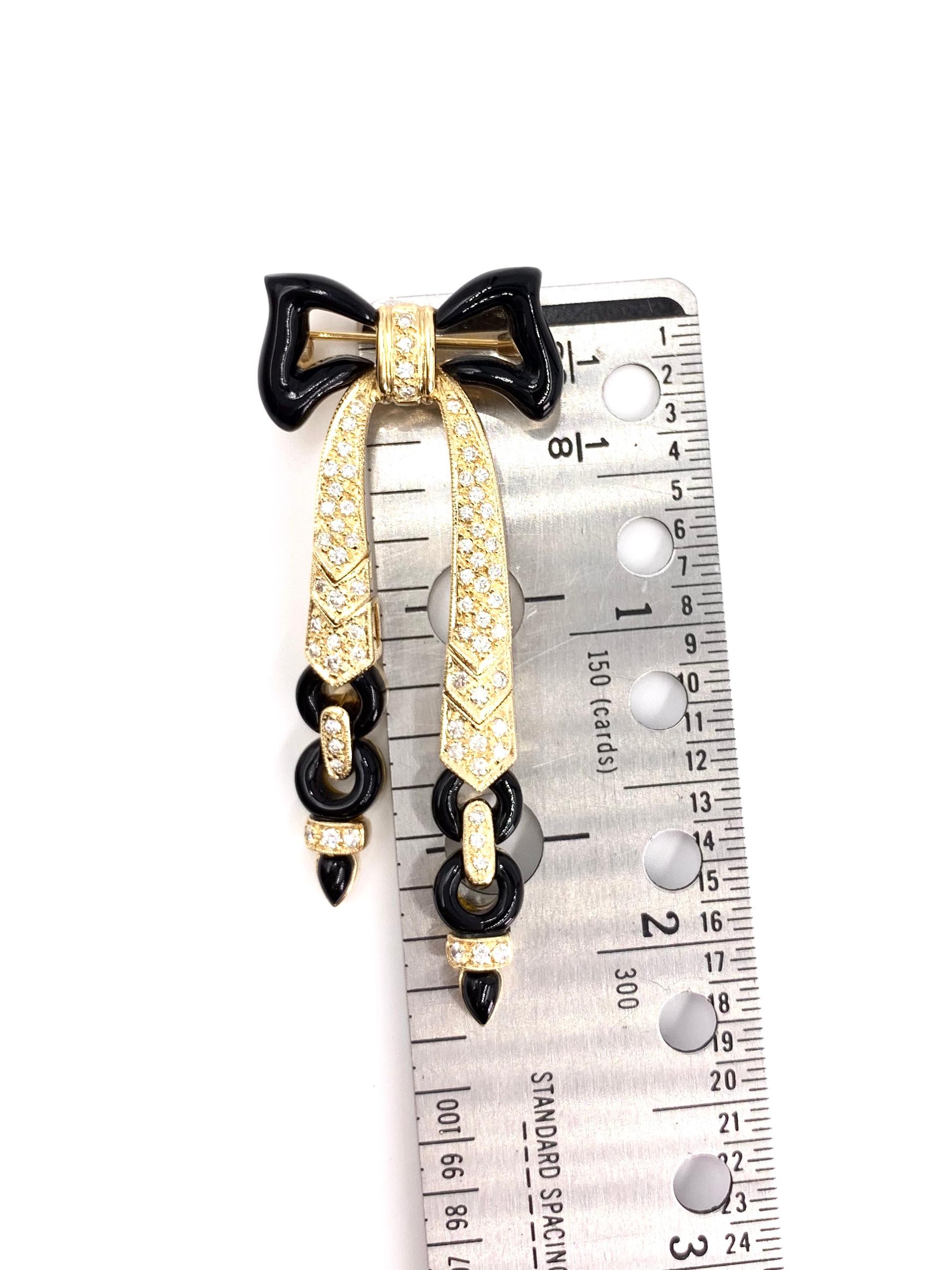 Yellow Gold Onyx and Diamond Bow Brooch In Excellent Condition For Sale In Pikesville, MD