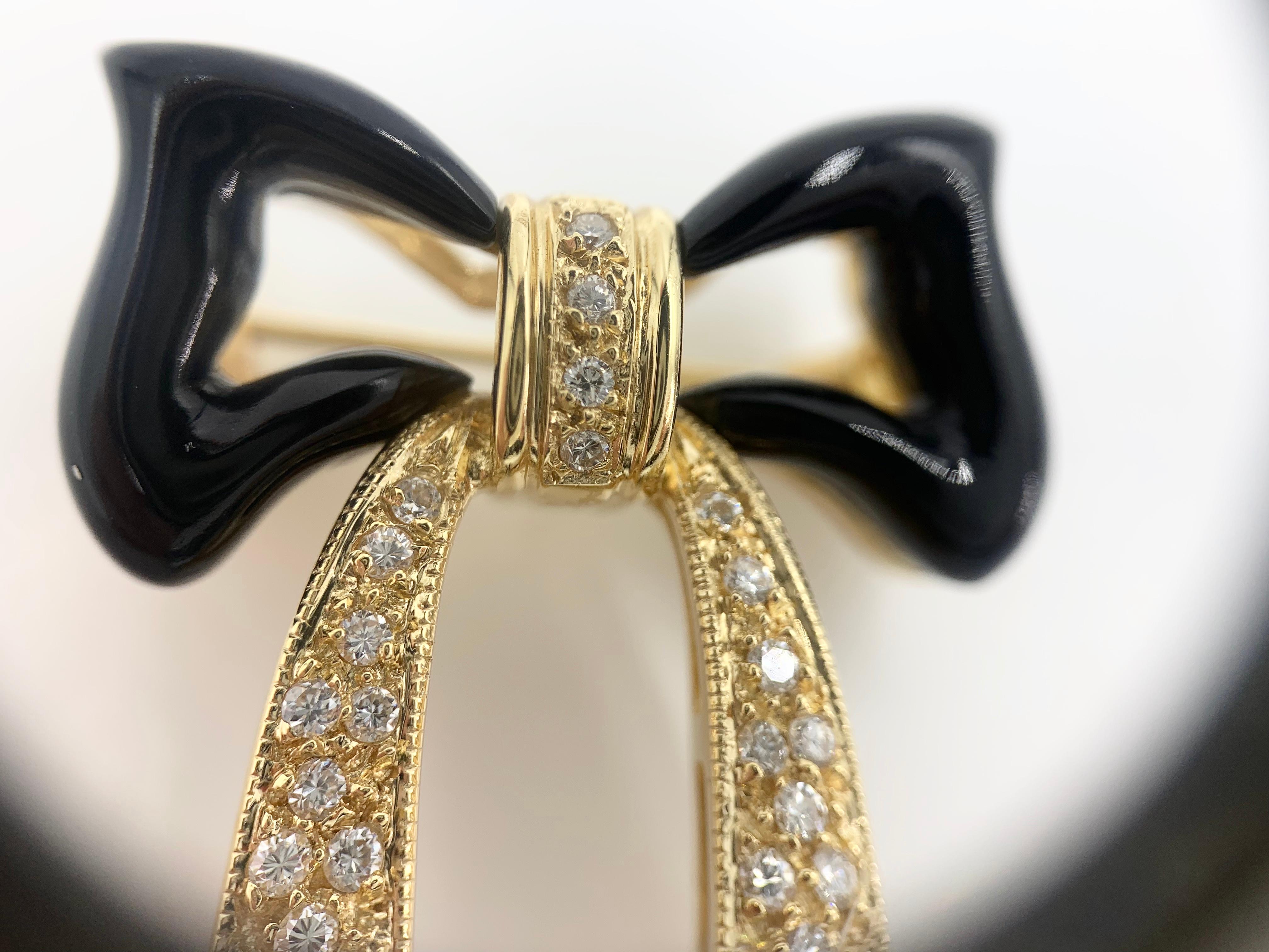 Yellow Gold Onyx and Diamond Bow Brooch For Sale 2