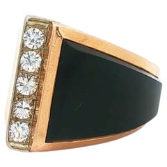 Mid-Century 14k Yellow Gold Onyx & Diamond Tank Ring, Unisex