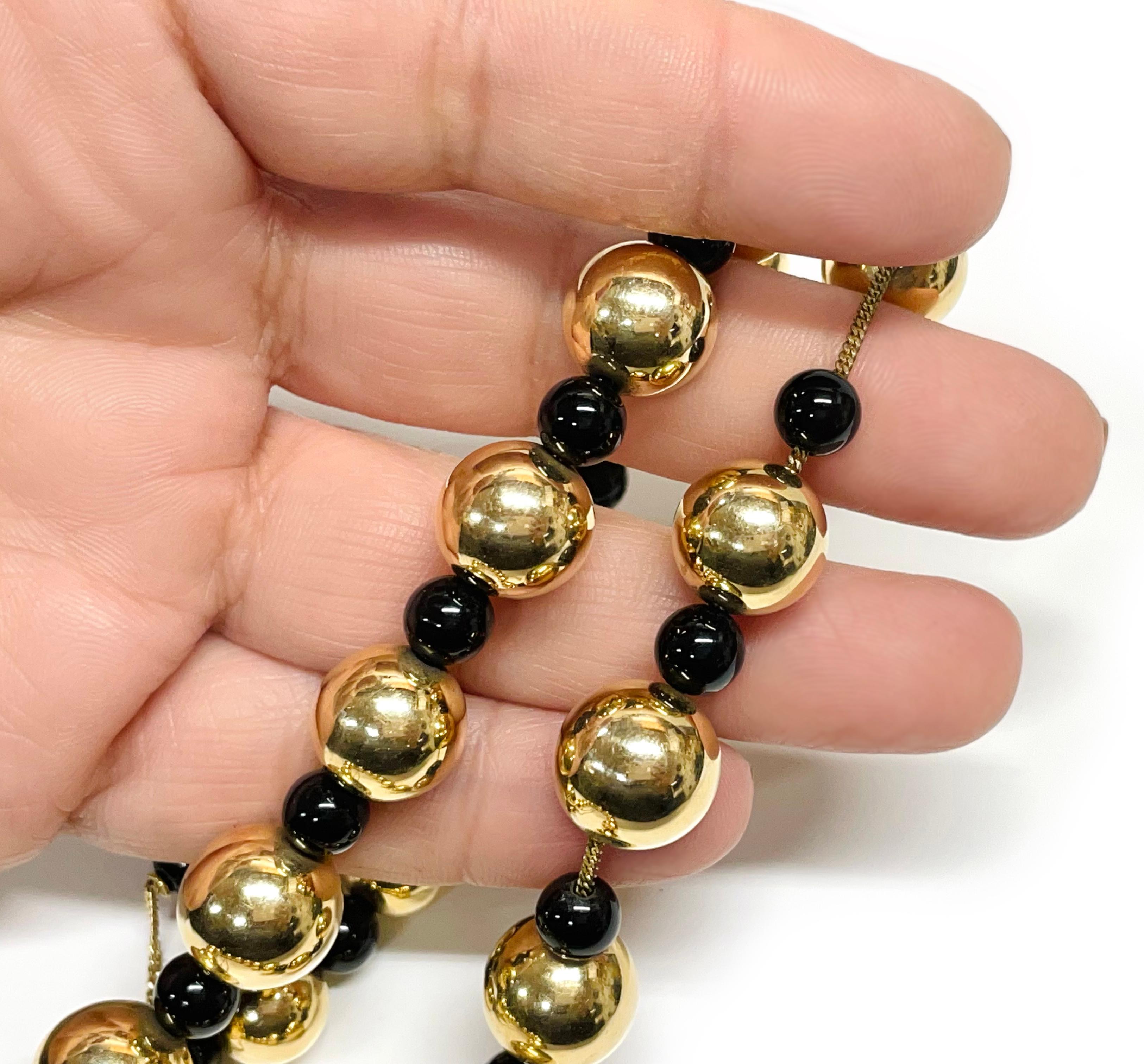 Yellow Gold Onyx Beaded Necklace In Good Condition For Sale In Palm Desert, CA