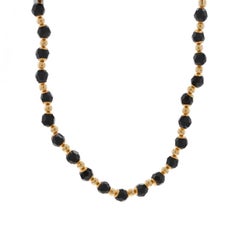 Yellow Gold Onyx Beaded Strand Necklace 17 3/4" - 14k Faceted Bead