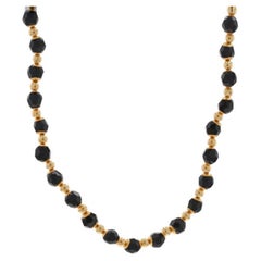 Yellow Gold Onyx Beaded Strand Necklace 17 3/4" - 14k Faceted Bead