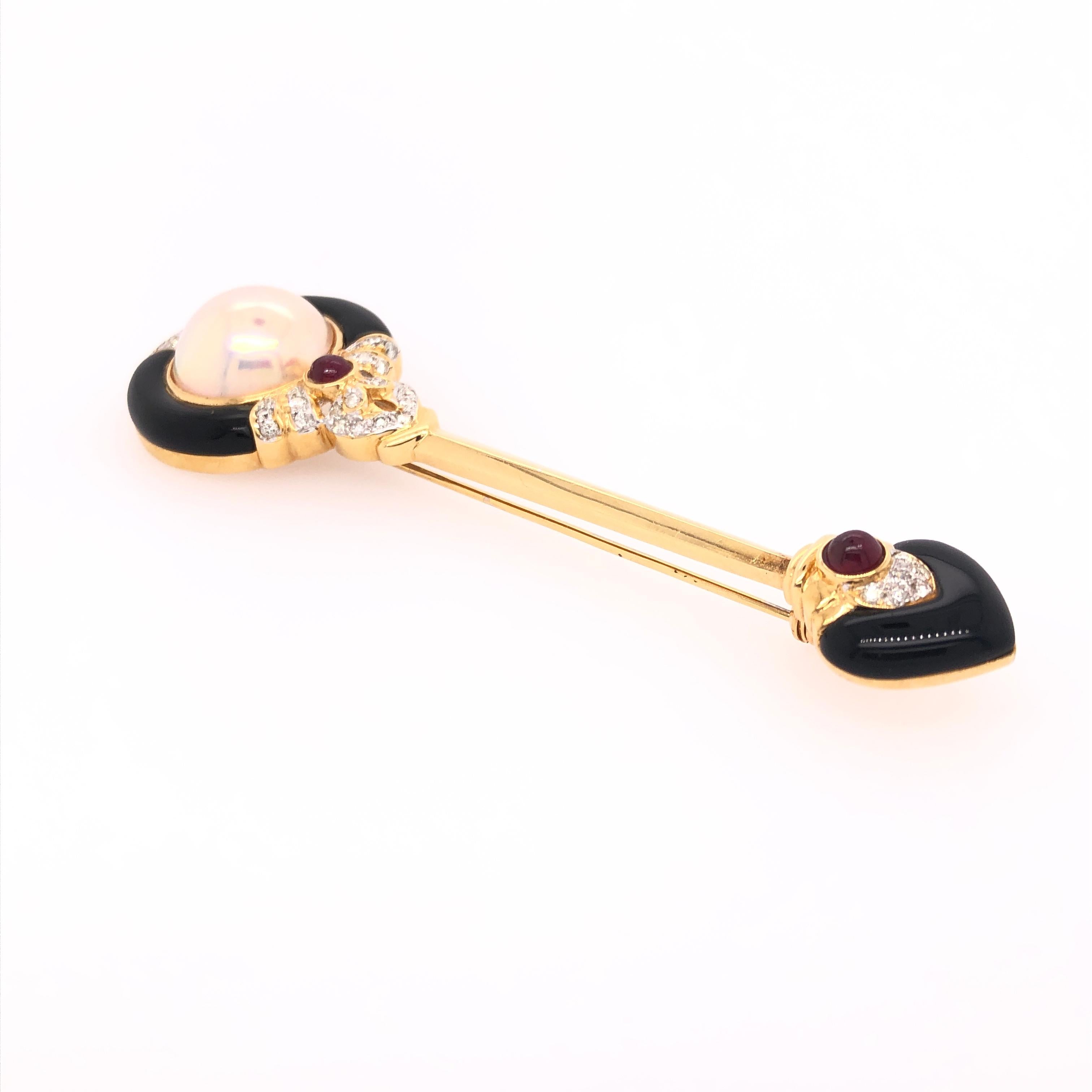 Modern Yellow Gold Onyx Brooch with Mabe Pearl Diamond and Ruby