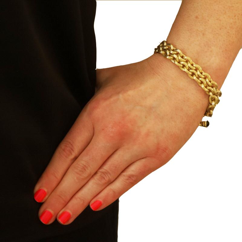Round Cut Yellow Gold Onyx Cable Chain Bracelet 8 1/4