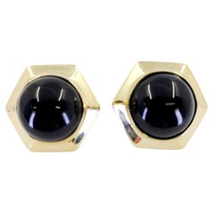 Onyx-Cabochon-Ohrringe aus Gelbgold