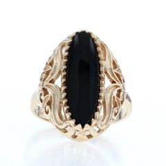 Yellow Gold Onyx Cocktail Solitaire Ring - 10k Scrollwork