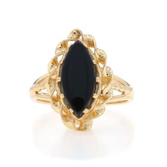 Yellow Gold Onyx Cocktail Solitaire Ring - 14k Marquise Cabochon Rope Twist