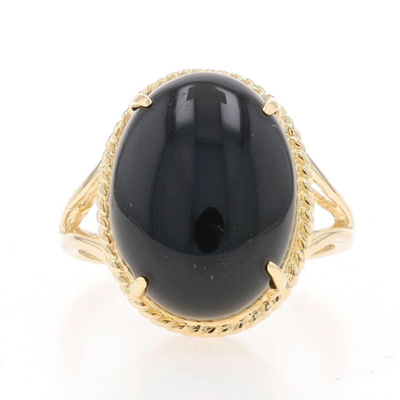 Size: 6
Sizing Fee: Up 3 sizes for $35 or Down 1 size for $25

Metal Content: 14k Yellow Gold

Stone Information

Natural Onyx
Cut: Oval Cabochon
Color: Black

Style: Cocktail Solitaire
Features: Rope-Textured Border Detailing & Split