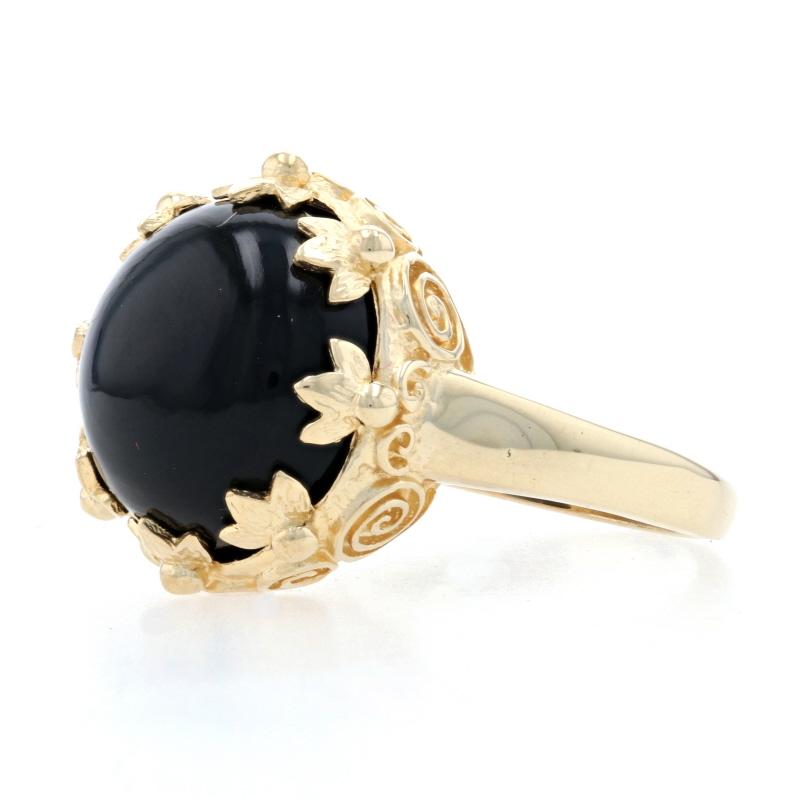 Round Cut Yellow Gold Onyx Cocktail Solitaire Ring - 14k Round Cabochon Leaf Spiral For Sale