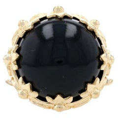 Yellow Gold Onyx Cocktail Solitaire Ring - 14k Round Cabochon Leaf Spiral